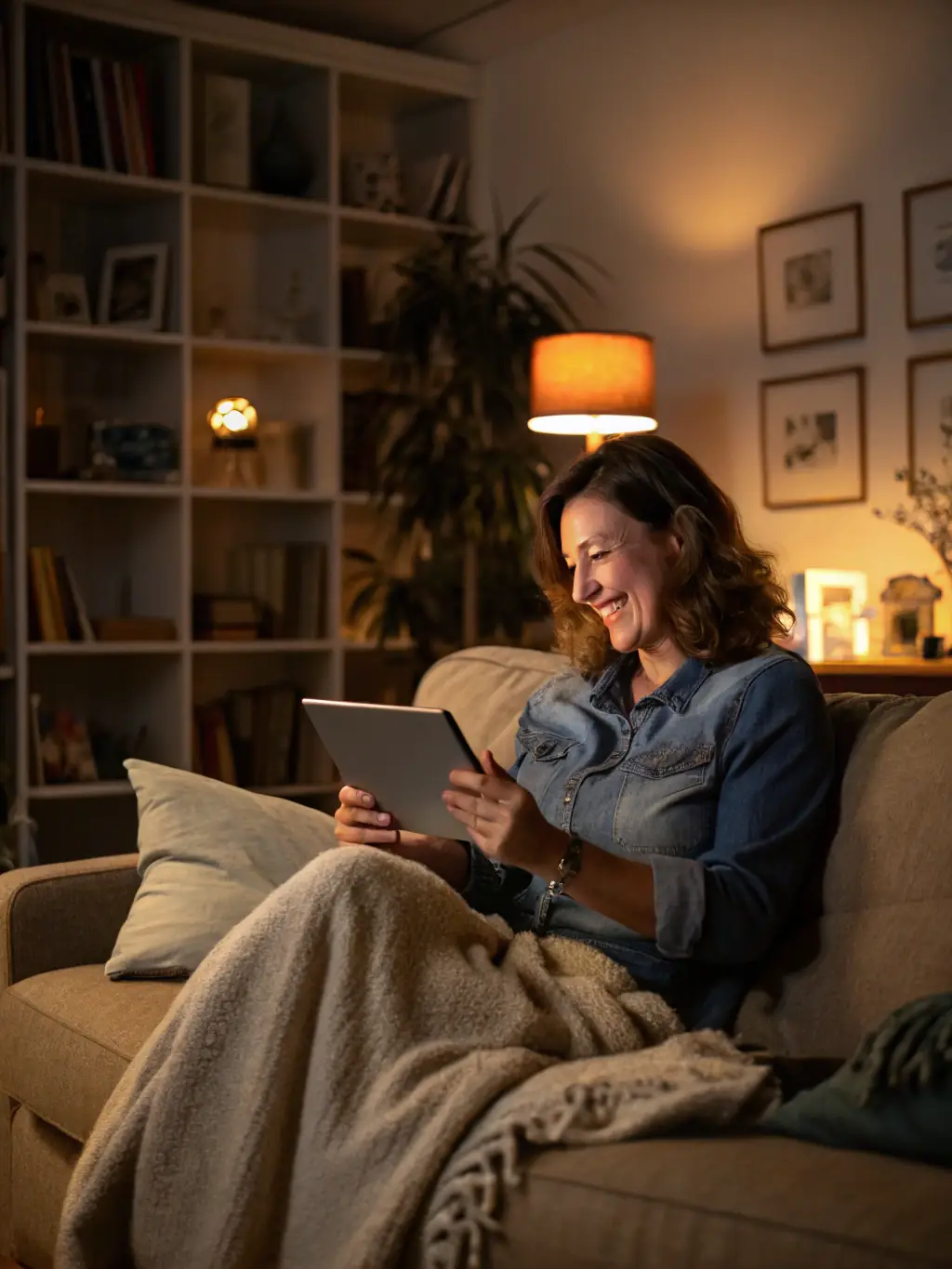 A homeowner smiling confidently while reviewing contractor profiles on a tablet, showcasing the ease and confidence gained through FindExpert.Contractors' screening process.
