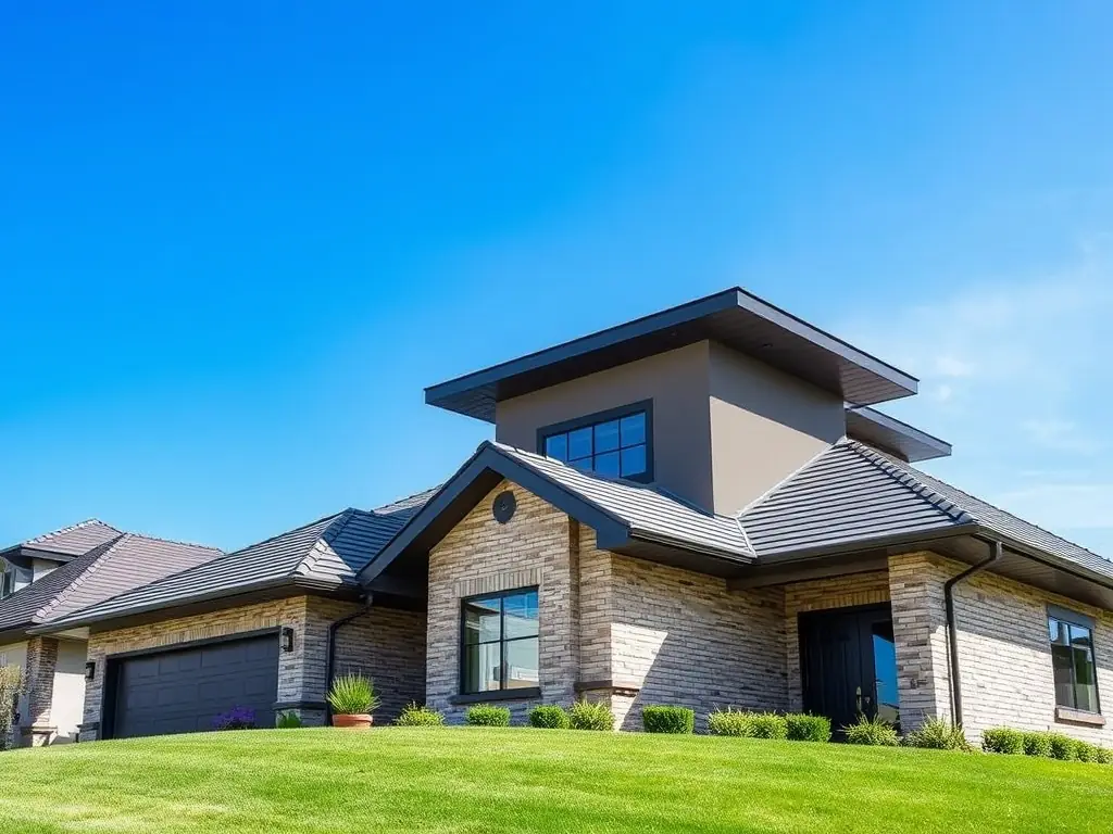 A photograph of a newly installed roof on a suburban home in Atlanta, showcasing the quality of the roofing materials and workmanship. The image should convey a sense of durability and protection.