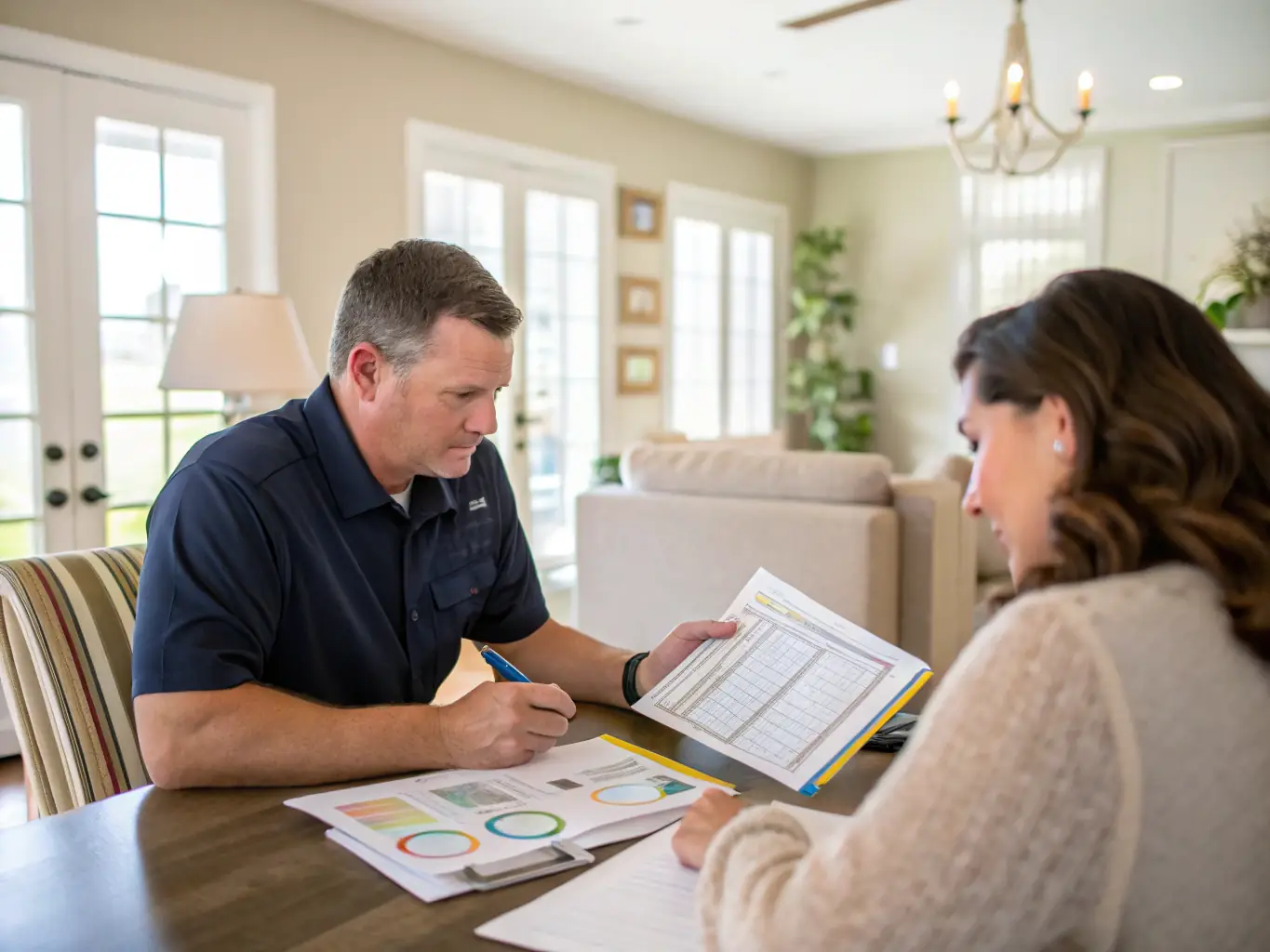 Two homeowners discussing project details with a contractor, reviewing scope, pricing, and scheduling.