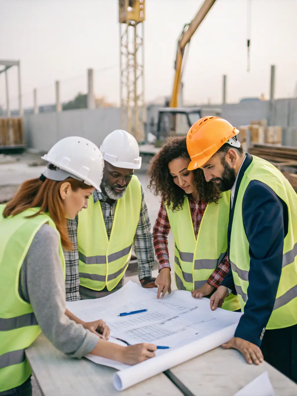 A diverse group of contractors working collaboratively on a home renovation project, illustrating the improved matching process facilitated by FindExpert.Contractors.