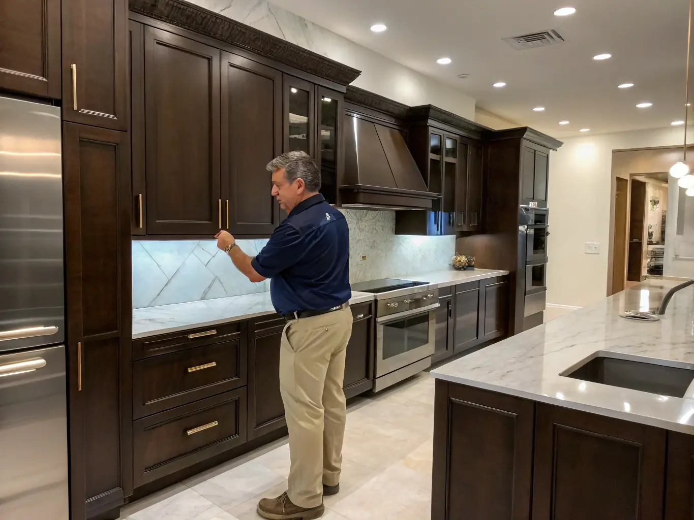 A modern kitchen renovation with new cabinets, countertops, and lighting, showcasing a professional contractor at work.