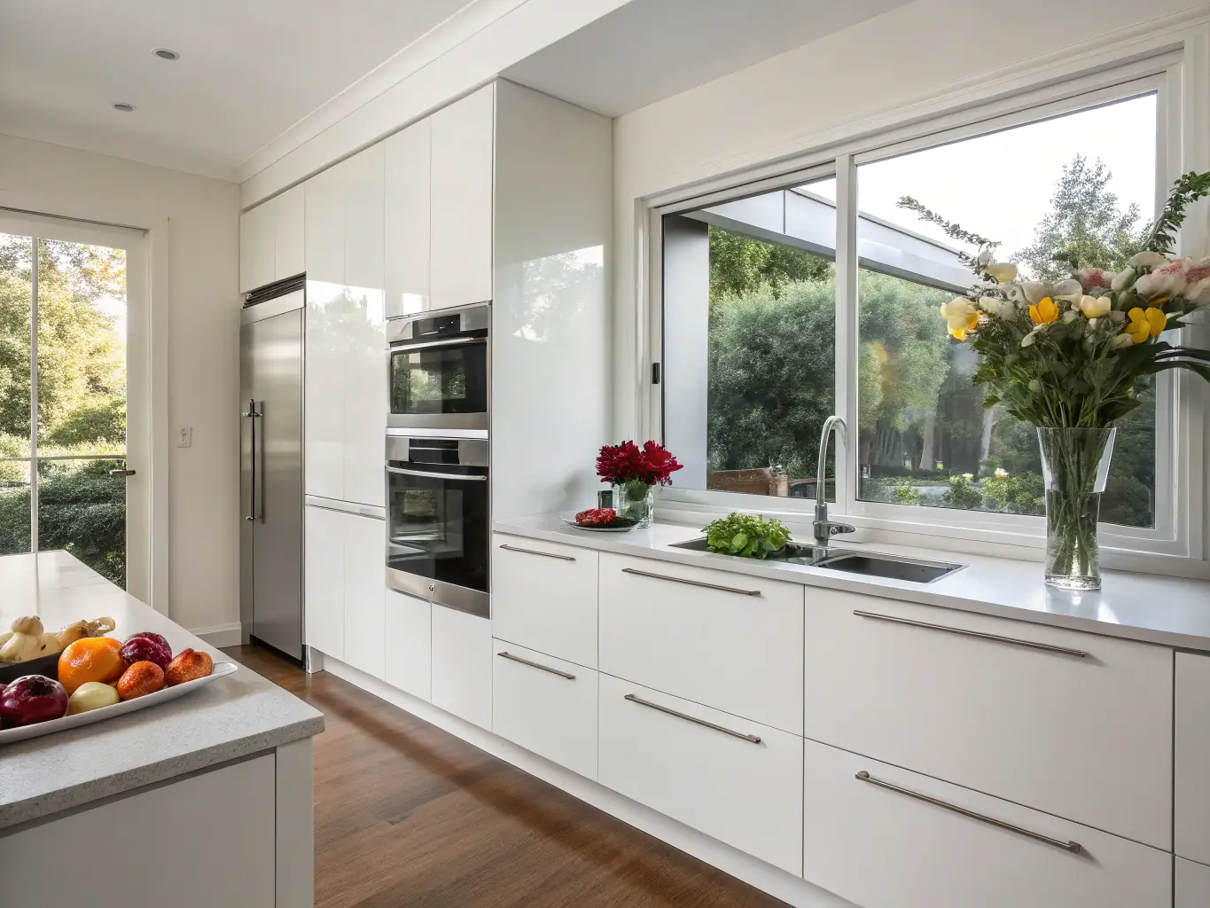 A high-quality photograph of a modern kitchen renovation in an Atlanta home, showcasing new cabinets, countertops, and appliances. The image should convey a sense of quality and craftsmanship.