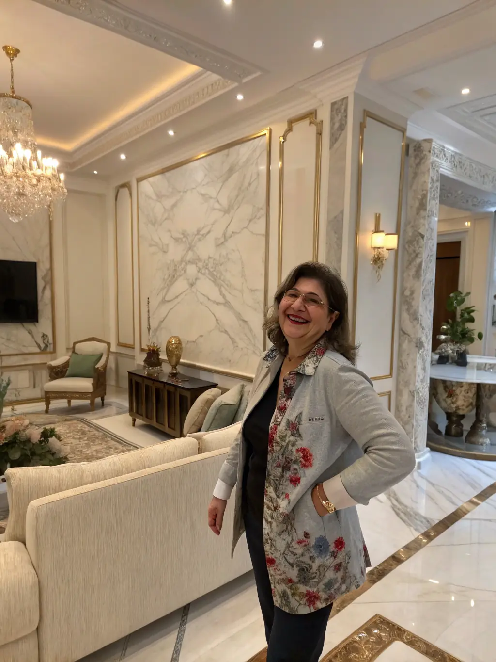 A homeowner happily showing off their newly painted living room, highlighting the quality and aesthetic improvements achieved through a FindExpert.Contractors professional.