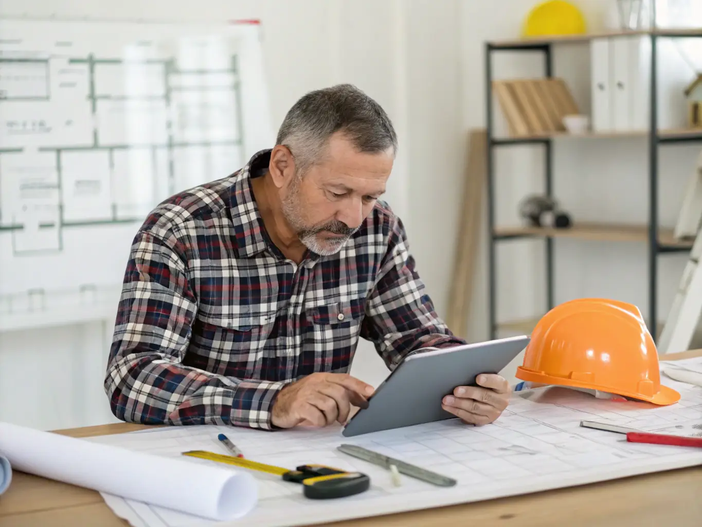 A contractor browsing available projects on FindExpert.Contractors, highlighting the platform's ability to connect them with potential clients. The contractor is using a tablet and appears focused on finding suitable projects.