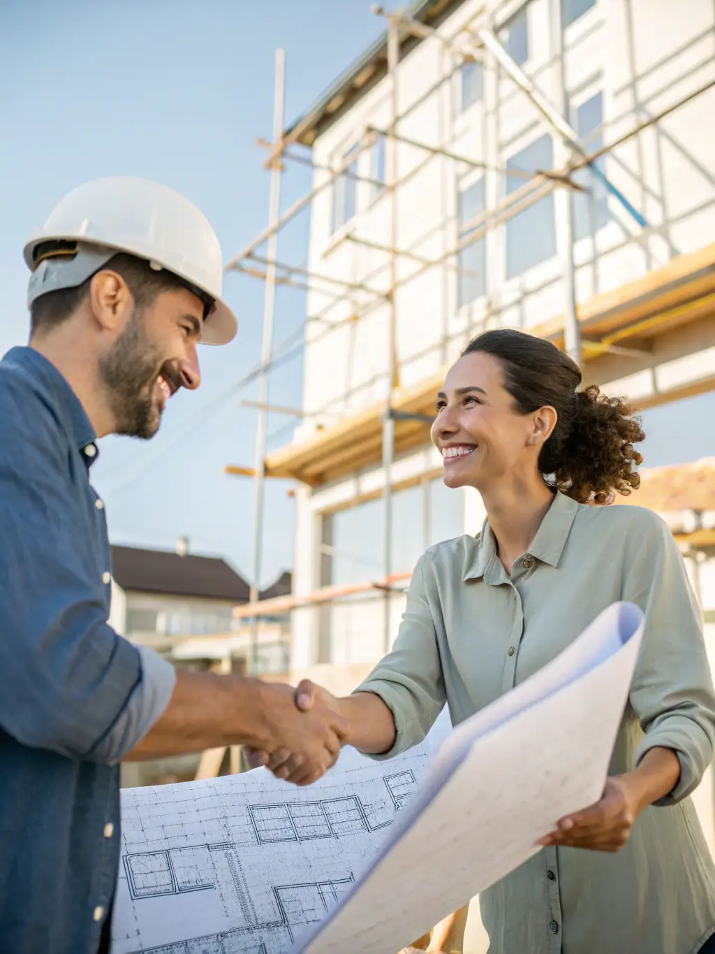 A homeowner shaking hands with a contractor, with a contract in the background, symbolizing the reduced risk associated with hiring verified professionals through FindExpert.Contractors.
