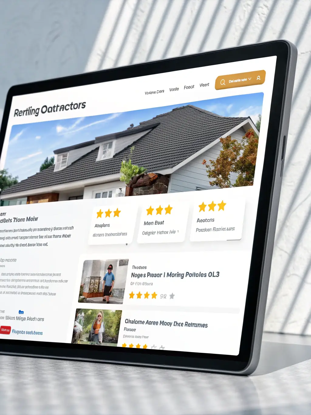 A homeowner reviewing contractor profiles and ratings on the FindExpert.Contractors platform on a tablet, showcasing the ease of finding the right professional.