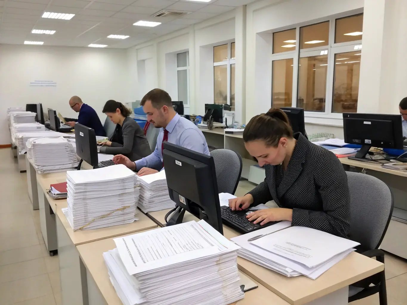 FindExpert.Contractors verification process, showing a team reviewing contractor credentials and licenses. The scene is set in a modern office environment with a focus on trust and security.