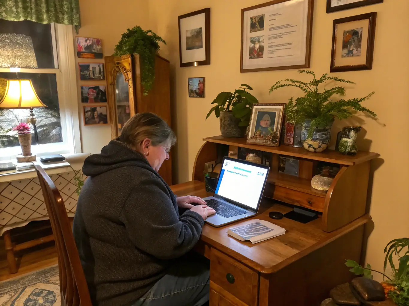 A homeowner posting a project request on FindExpert.Contractors, showcasing the user-friendly interface and ease of use. The homeowner is sitting at a desk in a well-lit room, smiling as they fill out the project details.